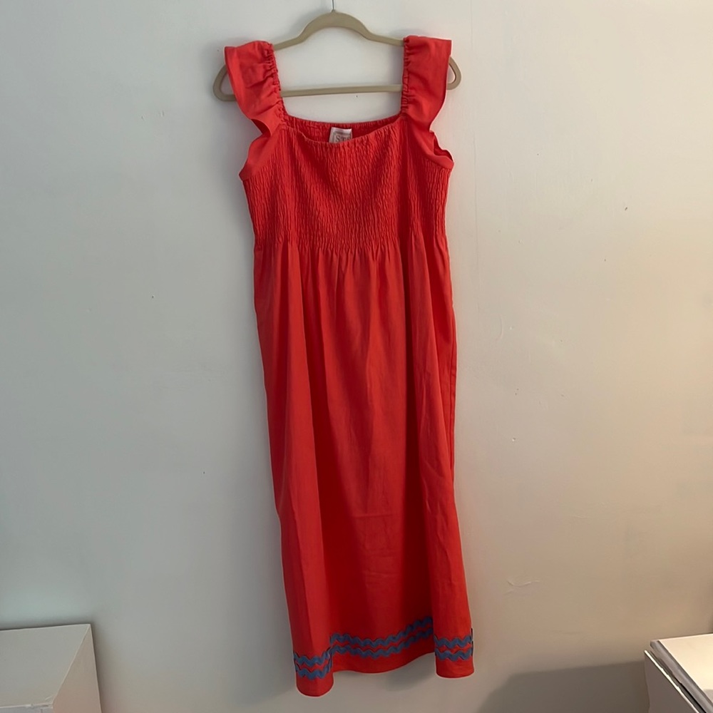 Sail to Sable coral linen midi dress with periwinkle detail.